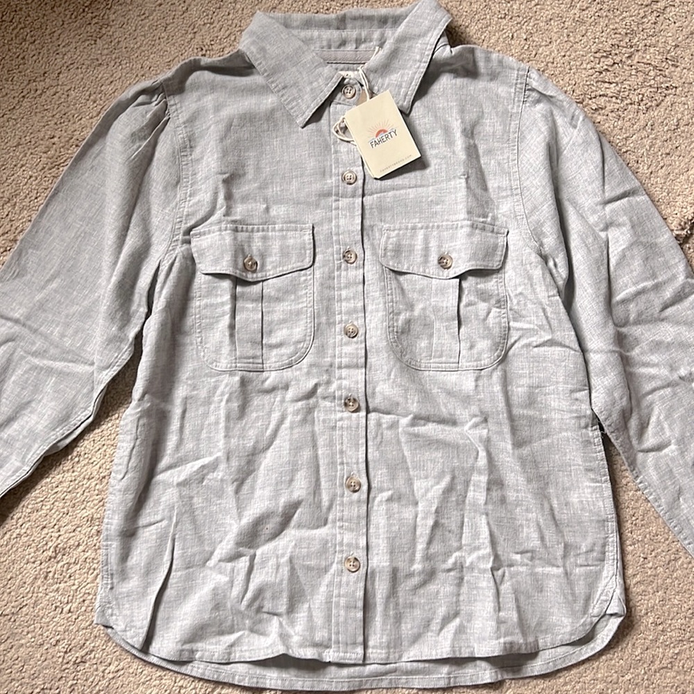 Faherty Puff Sleeve Western Shirt, HGY-Heather Grey, Size XS, Women’s